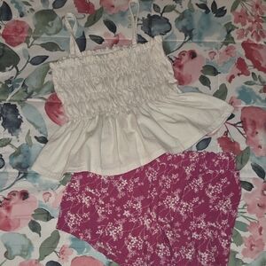 White Ruffled Top and Pink Floral Shorts Set